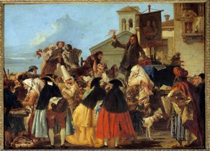 Een tandarts verwijdert een tand en zwaait ermee als een trofee op het Carnaval in Venetië door Giovanni Domenico Tiepolo