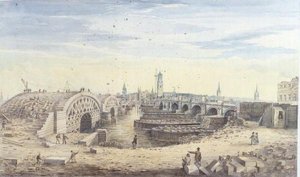 Bouw van de nieuwe London Bridge naast de oude London Bridge
