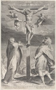 Kruisiging met de Maagd Maria en Sint Johannes de Evangelist, engelen boven door Gijsbert Van Veen