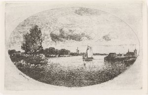 Riviergezicht met een zeilschip door Gijsbertus Johannes Verspuy