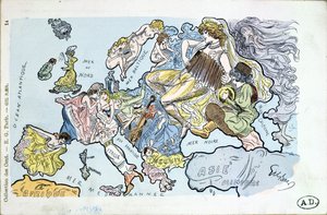 Ansichtkaart die de landen van Europa als vrouwen afbeeldt