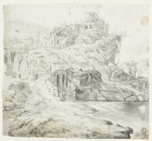 Rotsachtig voorgebergte met ruïnes en watervallen (recto); schets van klif met gebouwen (verso) door Giles Edme Petit