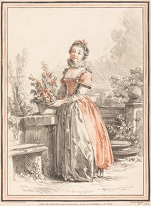 Een Jonge Vrouw Staand in een Park door Gilles Antoine Demarteau after Jean Baptiste Le Prince