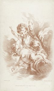 Drie spelende putti op wolken door Gilles Demarteau