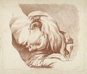 Hoofd van op de grond liggende figuur met bloedende wond door Gilles Demarteau