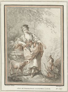 Jonge vrouw met hond en haan en hen door Gilles Demarteau