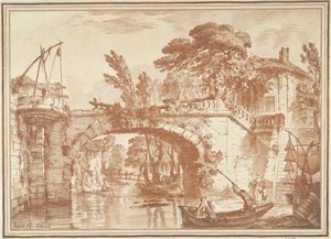 Zuidelijk landschap met brug en huizen bij rivier