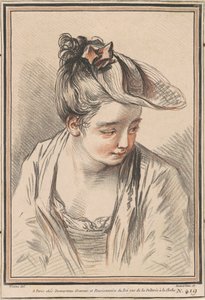 Hoofd van een Jonge Vrouw met een Hoed door Gilles Demarteau the Elder after Antoine Watteau