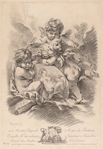 Allegorie van het Schilderen met Drie Cherubijnen door Gilles Demarteau the Elder after François Boucher