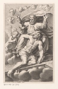Drieëenheid op wolken omgeven door cherubs