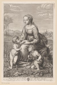 Maria met kind en Johannes de Doper in weidelandschap door Gilles Rousselet