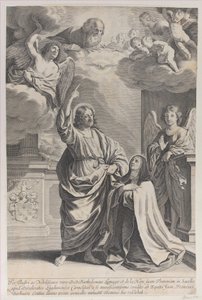 Sint Theresa biddend naast Christus, die naar God de Vader wijst