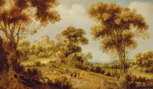 Een uitgestrekt bebost landschap met Christus op weg naar Emmaüs