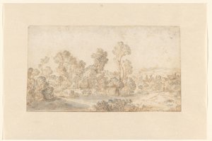 Heuvelachtig landschap met hoge bomen langs een rivier door Gillis Claesz de Hondecoeter