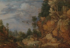 Rotsachtig landschap met herten en geiten door Gillis Claesz de Hondecoeter