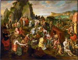 Mozes put water uit de rots (schilderij op eikenhout) door Gillis Mostaert