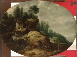Watermolen bij een beboste rots
