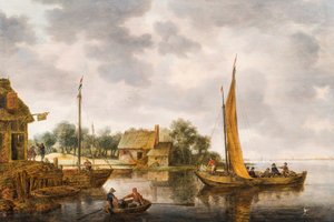 Een rivierlandschap met een veerboot