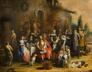 Jachtpartij Buiten een Herberg door Gillis van (follower of) Tilborgh