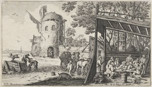 Boeren rond een tafel in een schuur (de Smaak) Landschappen met de vijf zintuigen door Gillis van Scheyndel (I)