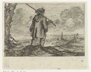 Duinlandschap met een man, met staf op de schouder door Gillis van Scheyndel (I)