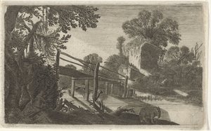 Houten brug bij een ruïne door Gillis van Scheyndel (I)