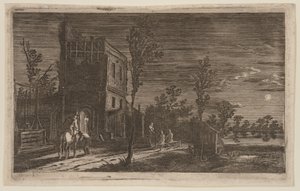 Figuren bij een vervallen toren: Nocturne bij maanlicht, uit Zes landschappen door Gillis van Scheyndel