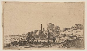 Figuren op een pad voor boerderijen op de duinen, uit Twaalf landschappen door Gillis van Scheyndel