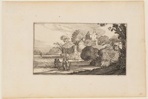 Pad naar links van ommuurd gebouwencomplex temidden van bomen, uit Twaalf landschappen met figuren door Gillis van Scheyndel