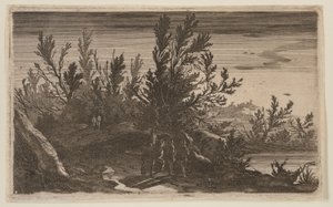 Ruiters op een bospad links van de vijver, uit Six Landscapes