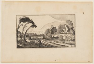 Weg links van een ommuurd landhuis, uit Twaalf landschappen met figuren door Gillis van Scheyndel