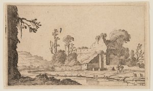 Ruïnes omgevormd tot een boerderij aan een rivier, uit Twaalf Landschappen