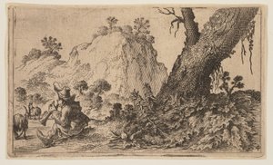 Herder die een blokfluit speelt voor een kudde geiten, uit Twaalf Landschappen