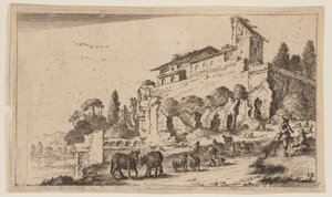 Villa met ruïnes op een heuvel rechts van de rivier, uit Twaalf Landschappen