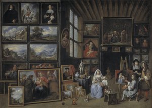 Een schilderijengalerij met een kunstenaar die een vrouw en een meisje schildert. Allegorie van de schilderkunst door Gillis van Tilborgh
