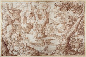 Fantastisch berglandschap met bruggen over ravijnen, een stad en reizigers door Gillis van Valckenborch