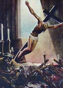 Anti-Amerikaanse WOII-poster - Zwarte Amerikaan plundert kerk - Poster door Gino Boccasile (1901-1952) - Italiaanse propaganda anti-USA 1943