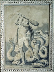 Hercules hakt de zeven hoofden van de Hydra af door Gio Batta Celle