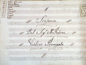 Detail van eerste pagina van viool muziekpartituur voor een symfonie door Gioacchino Rossini door Gioachino Rossini
