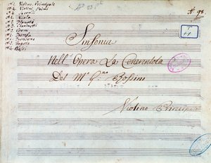 Titelpagina van muziekpartituur voor viool voor symfonie in Assepoester, of Triomferende Goedheid door Gioacchino Rossini