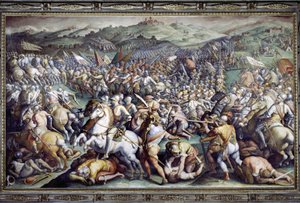 Slag bij Scannagallo in Valdichiana (Val di Chiana). Fresco door Giorgio Vasari en zijn studio. Palazzo Vecchio (Salone dei Cinquecento)