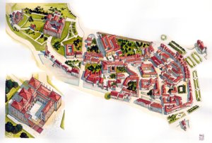 Luchtfoto van de stad Guimaraes: links het kasteel en klooster uit de 11e eeuw. Portugal. Illustratie door Giorgio Albertini. (Het gebruik van de werken van deze auteur is niet onderworpen aan een aanvraag voor toestemming van een derde partij of aan t door Giorgio Albertini