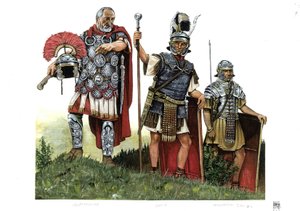Het oude Rome: een centurion, optio (boodschapper tussen centurions en decurions) en een legionair. 2e eeuw door Giorgio Albertini