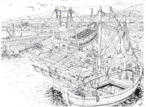 Antiquite: het vervoer per schip van marmer waarschijnlijk uit de steengroeven van Carrara (Carrara). 2e eeuw na JC Italië Illustratie van Giorgio Albertini. (Het gebruik van de werken van deze auteur is niet onderworpen aan een aanvraag voor toestemming v door Giorgio Albertini