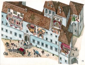 Barokkunst: aanzicht en architecturale doorsnede van het paleis Chigi a Ariccia, Lazio, in de 17e eeuw. Het interieur van de familiekamers en de bijgebouwen van de bedienden zijn zichtbaar. Italië door Giorgio Albertini