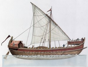 Byzantijnse Rijk: reconstructie van een dromon, oorlogsschip, 9e-11e eeuw. door Giorgio Albertini