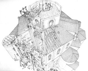 Byzantijnse kunst: voorstelling van de bouwplaats van de Basiliek van St. Vital (Saint Vital of San Vitale) in Ravenna in de 5e eeuw. Gezicht op de aërosol waarop de arbeiders op de steigers werken aan het geraamte van de koepel. Italië Illustratie door Gi