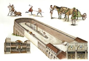 Byzantium: reconstructie van de renbaan van Constantinopel, een arena vergelijkbaar met het Romeinse circus voor tankraces, gebouwd door Constantijn I in de 4e eeuw. In het midden van de baan staan obelisken en zuilen als versiering. Huidig Istanbul, Turki