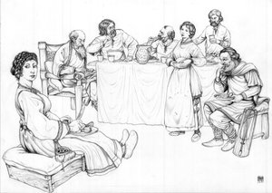 Dagelijks leven Middeleeuwen: een maaltijd met de Longobarden, groep mannen aan tafel en bediend door twee vrouwen, 7e eeuw. door Giorgio Albertini
