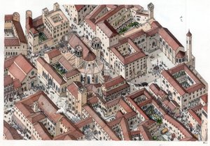 Middeleeuwen: reconstructie van de historische wijk Barri Gotic (barrio gotico) in Barcelona in de 14e eeuw. De Cathedrale Sainte-Eulalie (Sint Eulalie) is zichtbaar. Spanje Illustratie door Giorgio Albertini. (Het gebruik van het werk van deze auteur is n door Giorgio Albertini